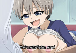 1boy 1girls breast_grab censored cute_fang dialogue dirtyero_(artist) has_uncensored_version large_breasts paizuri sakurai_shinichi short_hair text tip_peeking unseen_male_face uzaki-chan_wa_asobitai! uzaki_hana