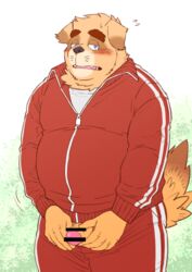 2018 anthro blush bottomwear brown_body brown_fur canid canine canis clothing cute_fangs domestic_dog fur genitals hi_res humanoid_hands kemono male male_only mammal overweight overweight_male pants penis ryuta-h shirt solo topwear