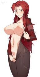 1girls blush bodysuit breasts breasts_out female figgotry gebura_(lobotomy_corporation) gray_eye heterochromia lobotomy_corporation long_hair nipples project_moon pubic_hair pussy red_hair scars solo sweat tagme yellow_eye