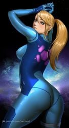 1girls arms_up ass beauty_mark blonde_hair blue_eyes bodysuit curvy female looking_at_viewer medium_breasts metroid mole_under_mouth nextoad nintendo posing samus_aran skin_tight space zero_suit zero_suit_samus