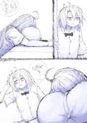 2b213 ahoge big_breasts button_down_shirt huge_breasts long_hair mei_(2b213) school_uniform schoolgirl sleeping_on_breasts