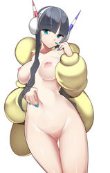 1girls abs alternate_breast_size areolae ass belly black_hair blue_eyes blue_nails blush breasts coat elesa_(pokemon) elesa_(pokemon_bw2) eye_contact female gym_leader headphones highres human legs_together long_hair looking_at_viewer navel nintendo nipples nude pokemon pokemon_bw2 pussy sha_(amfil100) solo thigh_gap wide_hips yellow_coat