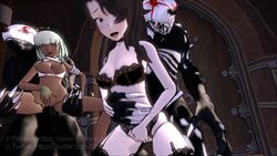 2girls 2monsters 3d animated beowolf_(rwby) bestiality black_hair blushing cinder_fall dark-skinned_female emerald_sustrai feral_on_female feral_on_human green_hair grimm_(rwby) interspecies light-skinned_female lingerie monster multiple_females no_sound rwby scathachalter stand_and_carry_position standing_sex straight taken_from_behind video