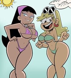 2girls ass beach big_ass big_breasts big_butt bikini black_eyes black_hair blonde_hair blue_eyes bottom_heavy breasts crossover female female_only grimphantom hand_on_hip large_breasts leni_loud looking_at_viewer looking_down nickelodeon smile swimsuit the_fairly_oddparents the_loud_house thick_thighs thighs thong trixie_tang wide_hips