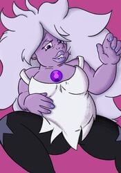 amethyst_(steven_universe) bedroom_eyes biting_lip breasts censored clothed clothing gem_(species) gray_hair hightooncartoon hottoddy lipstick overweight overweight_female painted_nails piercing purple_body purple_nail_polish purple_nails purple_skin star_eyes steven_universe stretch_marks thick_thighs