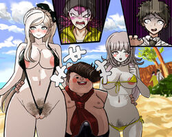 1boy 2girls 3boys artist_request beach big_breasts bikini blonde_hair blush breasts danganronpa danganronpa_2:_goodbye_despair embarrassed erection fat_man female hairy_pussy heavy_blush hinata_hajime kazuichi_souda male nanami_chiaki nipples_visible_through_clothing public pussy seaside slit_pupils sonia_nevermind straight_hair super_danganronpa_2 swimsuit teruteru_hanamura threesome