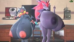 2girls 3d anthro anthrofied areolae ass bed big_breasts black_fur breasts canine eye_contact female female_only fox furry half-closed_eyes huge_breasts humanized hyper hyper_breasts litten long_breasts long_hair looking_at_viewer nintendo nintendo_switch nipples nude patreon pokemon pokemon_(species) pokemon_bw pokemon_sm ponytail pose red_eyes red_fur rgtdwtbr smile source_filmmaker source_request standing stripes table tail tank television text thick_thighs v watermark wide_hips wink yellow_sclera zoroark