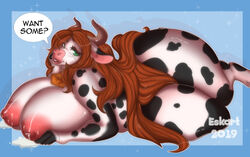 1girls anthro areolae big_breasts blue_background bovine breasts brown_hair chubby english_text ezukapizumu female female_only furry green_eyes horns huge_breasts lactating lactation large_breasts long_hair looking_at_viewer lying milk nipples on_side overweight overweight_female simple_background smile solo text thick_thighs thighs