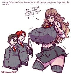 1girls 2boys alternate_breast_size amazon bimbofication blush breast_expansion breasts brown_hair brunette clothed clothing color colored_sketch curvy dialogue english_text erect_nipples fantasy female freckles ginger_hair glasses grey_clothing grey_shirt grey_skirt gryffindor gryffindor_tie harry_james_potter harry_potter hermione_granger hips huge_breasts hyper hyper_breasts light-skinned_female light-skinned_male light_skin long_hair long_socks magic magic_wand male male_with_female male_with_male mini_giantess n647 necktie nipple_bulge nipples nipples_visible_through_clothing open_mouth potion red_hair ron_weasley round_glasses school_uniform schoolgirl size_difference sketch skirt socks standing student surprised talking taller_female taller_girl text thick_thighs thigh_highs thighhighs thin_waist tie transformation voluptuous wand wasp_waist wide_hips witch_(harry_potter) wizard