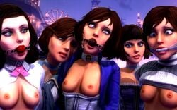 3d ball_gag bioshock bioshock_infinite blue_eyes bondage breasts breasts_out corset elizabeth_comstock femsub gag multiple_girls multiple_subs nipples onmodel3d self_upload short_hair