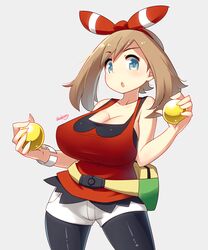 1girls alternate_breast_size armpits bag ball bare_shoulders big_breasts bike_shorts blue_eyes blueberry_(5959) blush bracelet brown_hair cleavage clothed hairband holding huge_breasts human large_breasts looking_at_viewer may_(pokemon) may_(pokemon_oras) navel nintendo open_mouth pokemon pokemon_oras pose shirt short_hair shorts source_request standing teeth text thigh_gap tongue watermark wide_hips