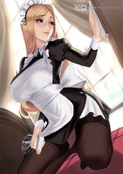 1girls big_breasts blonde_hair blue_eyes breasts cianyo female female_only glasses large_breasts long_sleeves maid maid_headdress maid_outfit maid_uniform patreon_logo patreon_username solo spray_bottle stockings thighhighs under_skirt