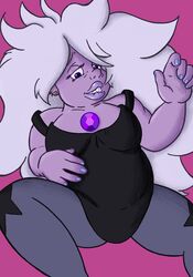 amethyst_(steven_universe) bedroom_eyes biting_lip breasts censored clothed clothing gem_(species) gray_hair hightooncartoon hottoddy lipstick overweight overweight_female painted_nails piercing purple_body purple_nail_polish purple_nails purple_skin star_eyes steven_universe stretch_marks thick_thighs