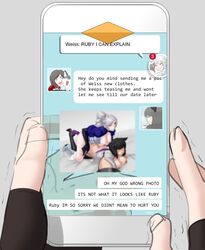 1futa 2girls blake_belladonna caught caught_in_the_act cellphone chat cheating cuck cucked_by_futa cuckold cuckquean english_text female futa_on_female futanari intersex netorare ntr phone ruby_rose rwby sex sinccubi text text_message weiss_schnee