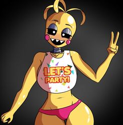 1girls animatronic anthro avian bib big_breasts black_pupils blush cameltoe chicken cleavage curvy curvy_figure eyeshadow female five_nights_at_freddy's five_nights_at_freddy's_2 hourglass_figure navel posing silverplatin solo_female thong toy_chica_(fnaf) v_sign vulva wet_pussy white_eyes