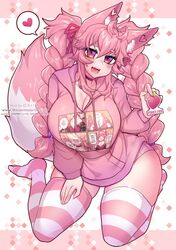 1girls blush choker fox_ears fox_girl fox_tail heart hoodie huge_breasts kireina_pinky_fox kneeling looking_at_viewer osiimi pink_fur pink_hair pinky_fox_(osiimi) speech_bubble thick_thighs thighhighs twin_braids twintails virtual_youtuber