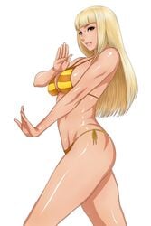 alternate_costume ass bikini blonde_hair blue_eyes breasts emilie_de_rochefort female fighting_stance gold_bikini hime_cut huge_breasts lips long_hair matoyama namco parted_lips shiny_skin side-tie_bikini sideboob simple_background solo striped striped_bikini swimsuit tekken white_background