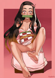 1girls bare_shoulders barefoot bit_gag black_hair blush bottomless breasts brown_hair demon_slayer feet female gag gradient gradient_hair hair_ribbon hairless_pussy japanese_clothes kamado_nezuko kimetsu_no_yaiba kimono klimspree long_hair looking_at_viewer mouth_hold nipples obi open_clothes open_kimono pussy ribbon sitting small_breasts soles solo spread_legs two_tone_hair uncensored very_long_hair