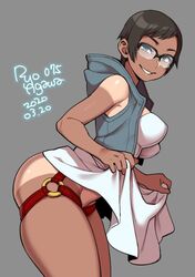 1girls 2020 ass breasts cleavage dark-skinned_female dark_skin dated eye_contact female female_only half-closed_eyes looking_at_viewer ryo_agawa skirt_lift solo tan tanlines text thick_thighs watermark wide_hips