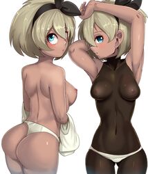 1girls abs alternate_breast_size areolae armpits ass bea_(pokemon) belly blue_eyes bodysuit breasts dark-skinned_female dark_skin embarrassed eye_contact female fit grey_hair human looking_at_viewer navel nico-mo nintendo nipples panties pokemon pokemon_ss see-through short_hair sideboob small_breasts solo solo_female solo_focus source_request thigh_gap thin_waist topless white_panties wide_hips