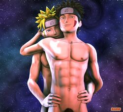 2boys 3d 3d_(artwork) abs black_eyes blonde_hair blue_eyes brown_hair facepaint forehead_protector gay giko18 hand_on_head headband inuzuka_kiba looking_at_viewer male male/male male_only naked naruto naruto_(series) naruto_shippuden nipples nude pecs pose posing pubes pubic_hair romantic sfm source_filmmaker standing tan_skin topless twink uzumaki_naruto whisker_markings whiskers yaoi yellow_hair