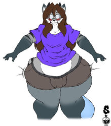 1boy anthro ass_expansion blush brown_hair butt_expansion clothed clothing expansion eyewear feline femboy furry glasses huge_hips long_hair looking_down male penis_growth raychel raychel_(thetabbyneko) solo superix thick_thighs transformation weight_gain white_background