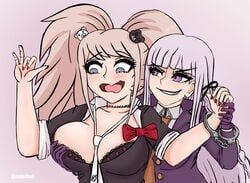 2girls blonde_hair bra bra_cups_sticking_out breasts danganronpa embarrassed female female_only genieowl gloves gyaru junko_enoshima kirigiri_kyouko long_fingernails multiple_girls nail_polish picot_trim picot_trim_bra pink_hair silver_hair smile straight_hair twintails