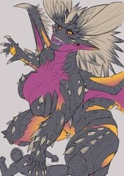 1boy 1girls anthro armor battle black_sclera black_skin claws dragon_girl dragon_horns dragon_tail exaxuxer fangs giantess horns kuma-x kuma_x long_hair monster_hunter monster_hunter:_world multicolored multicolored_skin nergigante no_nipples nude orange_skin personification pink_skin scales scalie sharp_teeth silver_hair size_difference solo_focus spiked_hair spiked_wings spikes tail teeth work_in_progress yellow_eyes