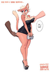 1girls anklet anthro ass_grab big_breasts blush breast_grab breasts cleavage dark-skinned_male effie_(bypbap) fellatrix female furry groping_breasts high_heels large_breasts microdress molestation open_toe_shoes platform_heels speech_bubble stiletto_heels text very_high_heels