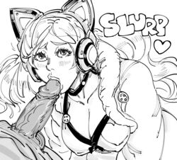 1boy bb_(baalbuddy) blush breasts cat_ear_headphones choker coat covered_nipples erection fellatio female fur_trim greyscale headphones highres large_breasts long_sleeves looking_at_viewer lucky_chloe monochrome open_clothes open_coat oral penis precum ringed_eyes straight tekken tekken_7