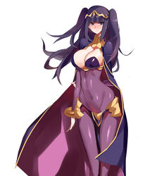 1girls arm_behind_back bad_id bad_pixiv_id bangs black_hair blunt_bangs blush bodystocking bodysuit bracelet breasts cape cleavage clothed clothing covered_navel cowboy_shot eyebrows_visible_through_hair female female_only fire_emblem fire_emblem_awakening floating_hair hand_behind_head jewelry large_breasts long_hair looking_at_viewer pelvic_curtain purple_eyes simple_background solo standing tharja_(fire_emblem) tiara tight_clothing twintails white_background yostxxx