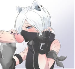 1boy 1girl 1girls animal_ears arknights armband black_gloves black_jacket black_mask blowjob blue_eyes blush breasts detached_sleeves ear_piercing ear_piercings eyelashes fellatio fellatio_under_mask female ferret ferret_ears ferret_girl fingerless_gloves fishnets gloves gradient gradient_background grey_background hair_on_horn hair_over_eye hair_over_one_eye hand_in_hair highres jacket licking_penis mask medium_breasts nail_polish one_eye_covered one_eye_obstructed one_eye_visible oral penis purple_nails shirayuki_(arknights) short_hair silver_hair simple_background single_sleeve solo_focus sweat tongue tongue_out turtleneck uncensored upper_body white_hair wrist_straps xia_wanzi zipper