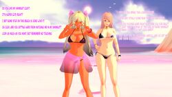 2girls 3d beach bikini bikini_skirt blonde_hair bra choker cold cold_(numbersguy) comic cuckold dark-skinned_female dark_skin female hair_ribbon insult koikatsu light-skinned_female light-skinned_male light_skin numbersguy original panels panties pink_hair pov ribbon side-tie_panties small_penis_humiliation warm warm_(numbersguy)