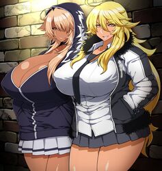 2girls big_breasts blonde_hair gyaru huge_breasts kuro_gyaru kurokagami_ryuuko multiple_girls otogi_tetsurou school_uniform