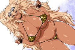 bikini blonde_hair choker dark-skinned_female dark_skin female female_only gyaru huge_breasts kuro_gyaru kurokagami_ryuuko large_breasts looking_at_viewer otogi_tetsurou solo sweat thick_thighs