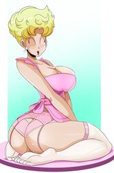 1girls apron ass ass_cleavage big_ass big_breasts blonde_hair breasts butt_crack cleavage closed_eyes dragon_ball dragon_ball_z ear earrings feet female female_only housewife looking_at_viewer mature_female milf mother panchy panchy_(dragon_ball) panchy_briefs smile soles sonson-sensei source_request stockings thick_thighs toes