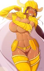 1girls abs absurdres armor ass_visible_through_thighs black_hair blush breasts cape dark-skinned_female dark_skin fatelogic female flexing gold gold_armor gold_saints greaves helmet highres human large_breasts long_hair looking_at_viewer muscle muscular_female naked_armor nipples nude pauldrons pussy rule_63 saint_seiya shiny shiny_hair shiny_skin shoulder_spikes shounen_jump simple_background smile smug solo sparkle spikes taurus_aldebaran thick_thighs thigh_gap white_background wide_hips yellow_eyes