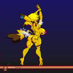 1girls anthro anthrofied arm_up armpits backboob big_eyes bimbo black_tail blonde_hair brown_fur buttplug cleft_tail cosplay_pikachu earrings eyelashes fart farting feet female female_only furry heart humanized insertion nintendo original_character patreon piercings pikachu pokemon pokemon_rgby pose purple_background pussy rashchaos red_border rodent smell soles solo strap tail text thick_thighs thigh_gap toes url watermark wide_hips yellow_fur