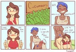 blue_hair blush clothing comic cucumber cum cum_inside dark-skinned_futanari dialogue furraniko futa_on_female futanari interracial nervous pale-skinned_female pubic_hair short_hair story