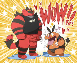 2020 2boys anthro anthrofied belly bodily_fluids bulge chubby clothing drooling duo erection feet feline foreskin furry gay heart heavy_breathing huge_penis humanoid_genitalia humanoid_hands humanoid_penis incineroar interspecies kemono larger_male male male_only mammal muscles nintendo original_character penis penis_awe pignite pokémon_(species) pokemon pokemon_bw pokemon_sm porcine red_body saliva shirt size_difference smaller_male sweat takataka teeth testicles text thick_penis tongue tongue_out topwear underwear veins veiny_penis video_games yaoi