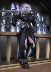 1girls absurdres angelise_reiter armor big_breasts boots breasts cleavage clothed clothing evasolo female female_only final_fantasy final_fantasy_xiv fully_clothed high_heels highres large_breasts looking_at_viewer solo standing tight_clothing