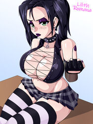 1girls belly_button big_breasts black_hair breasts choker cindisinz cleavage crop_top dog_collar earrings exposed_breasts eyeshadow female female_only fingerless_gloves frown gloves goth green_eyes huge_breasts large_breasts leggings lilith_romana lipstick middle_finger midriff miniskirt oppai_forge pentagram purple_lipstick sitting skirt solo spiked_collar striped_legwear tartan_skirt thighhighs trashy twintails zettai_ryouiki