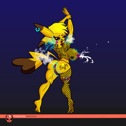 1girls anthro anthrofied arm_up armpits backboob big_eyes bimbo black_tail blonde_hair brown_fur buttplug cleft_tail clothes cosplay_pikachu dress earrings electricity eyelashes feet female fishnets furry heart humanized insertion lactation milk mostly_nude nintendo original_character patreon piercings pikachu pokemon pokemon_rgby pose purple_background pussy rashchaos red_border rodent smell soles strap tail text thick_thighs thigh_gap toes url watermark wide_hips yellow_fur