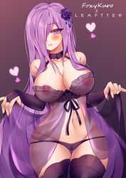 1girls ass_visible_through_thighs babydoll bare_shoulders blush collaboration female foxykuro hair_ornament hair_over_one_eye halterneck heart kuro_(foxykuro) leaftter lingerie long_hair looking_at_viewer navel nipples original panties purple_eyes purple_hair see-through simple_background smile solo thigh_gap thighhighs underwear very_long_hair wide_hips