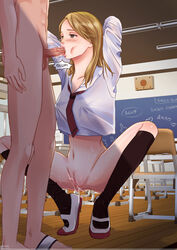 1girls :>= absurd_res black_legwear black_socks blonde_hair blowjob brown_eyes brown_hair classroom clothed_female_nude_male cum_drinking cum_in_mouth cute desk erect_nipples fellatio female fringe girl_friends girl_friends_(manga) gokkun hands_behind_head knee_socks kneehighs kneesocks light_skin lipstick_mark lipstick_on_penis oohashi_akiko oral penis pussy pussy_juice pussy_juice_drip school_uniform schoolgirl schoolgirl_uniform shoes skinny skirt_removed socks spread_legs squatting straight teenager uwabaki whentai writing_on_wall yellow_eyes