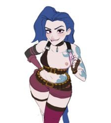 1girls 2021 2d 2d_(artwork) amugea areola arm_gloves arm_tattoo biting_lip biting_own_lip blue_hair body_tattoo bra bra_peek breast_out breast_outside bullet_belt bullet_necklace choker clothed crossed_legs crossed_legs_(standing) ear exposed_breast exposed_midriff eyeshadow female female_focus female_only flashing flashing_at_viewer flashing_breasts flat_background flat_chest flat_chested flat_colors gloves hand_on_hip hip_tattoo hyung_(artist) jinx_(league_of_legends) league_of_legends lip_bite lipbite long_hair looking_at_viewer nipples one_breast_out pale-skinned_female pale_skin petite presenting presenting_breasts purple_eyeshadow purple_shorts red_eyes riot_games short_shorts shorts simple_background single_glove single_thighhigh sketch skinny small_breasts solo solo_female solo_focus staring_at_viewer tattoo tattoos thick_thighs thighhighs twin_braids very_long_hair white_background wide_hips