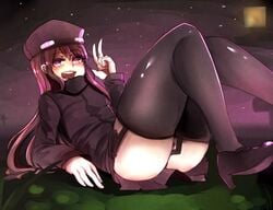 1girls ander ass at2. black_thighs enderman enderwoman female long_brown_hair looking_at_viewer lying_on_ground minecraft mob_talker purple_eyes