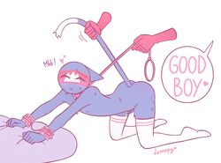 blue_body blue_skin cambodia cambodia_(countryhumans) cat_ears cat_tail collar countryhumans cum cum_string cumstring erection femboy gay laos_(countryhumans) lemonpy neko pillow pillow_grab pink_stripes purple_pillow red_skin sweat sweatdrop tail_grab white_skin white_stockings