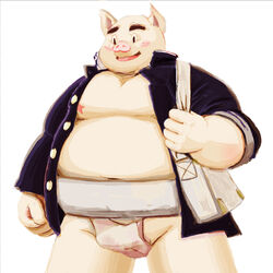 1boy 2013 anthro barely_visible_genitalia belly blush clothing domestic_pig genitals humanoid_hands low_res male male_only mammal meg_hoi moobs overweight overweight_male shirt simple_background solo solo_male suid suina sumo sus_(pig) topwear white_background