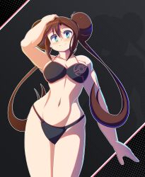 1girls arm_up big_breasts bikini black_bikini black_bikini_bottom black_bikini_top black_bra black_panties black_underwear blue_eyes brown_hair brown_hair brown_hair_female brunette_hair female female_only freakyed highres looking_at_viewer pinup pokemon pokemon_bw pokemon_bw2 rosa_(pokemon) smile smiling_at_viewer solo solo_female solo_focus underwear wide_hips